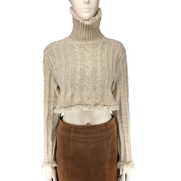 VINTAGE DYNAMITE Crop Fisherman Fringed Turtleneck Hem Knitted Sweater VTG M / S - Picture 2 of 8